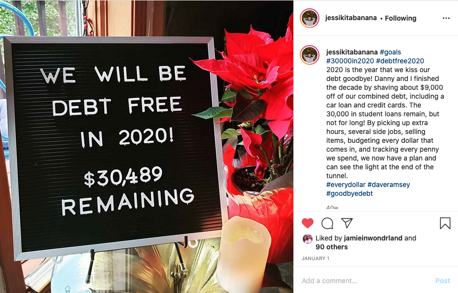 'We will be debt free in 2020' Instagram photo countdown