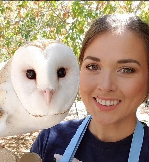 Jessica with a rescue owl at Lindsey Wildlife Center