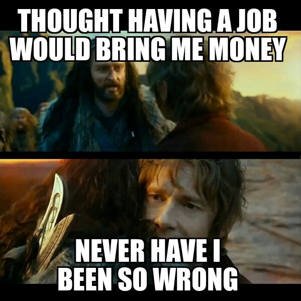Lord of the Rings Meme - thought having a job would bring me money, never have I been so wrong