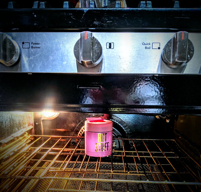 'Hot Stuff' thermos in the stove as Scavenger Hunt Ideas for Adults