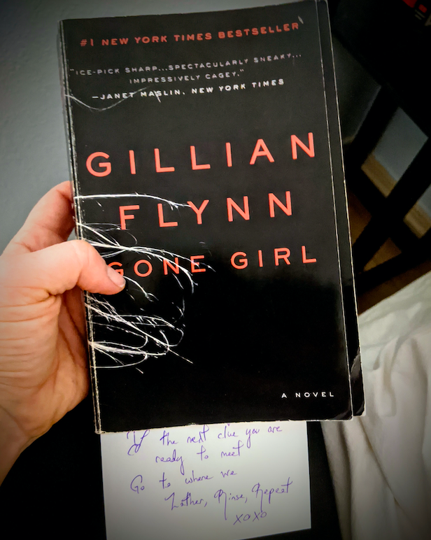 Gone Girl book with Clue for Scavenger Hunt Ideas for Adults