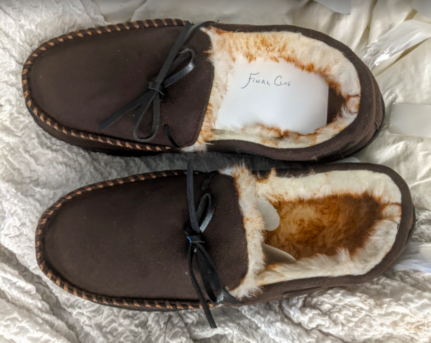 Pair of slippers with final clue inside