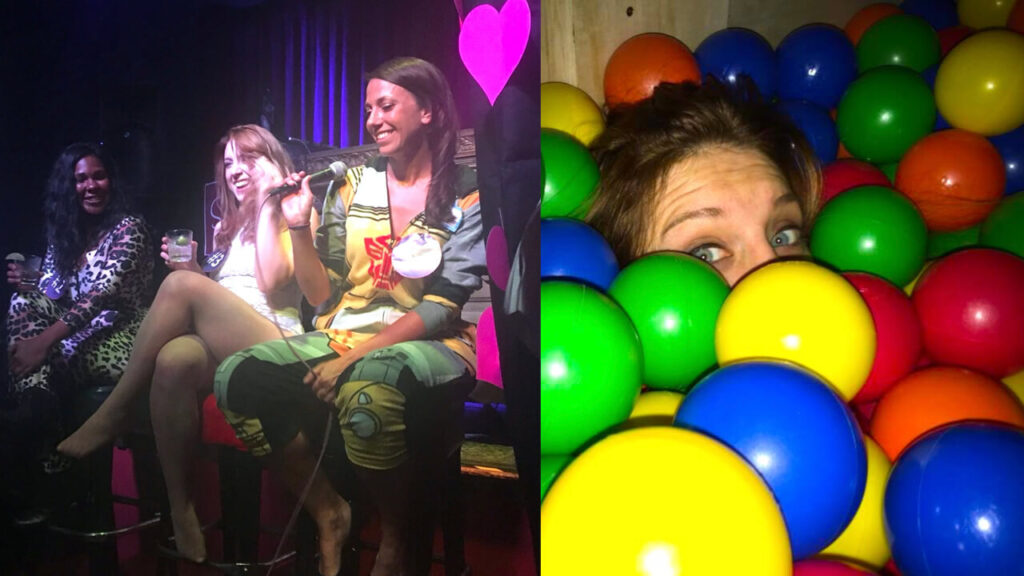 Photo of me laughing on stage, and hiding in a ball pit